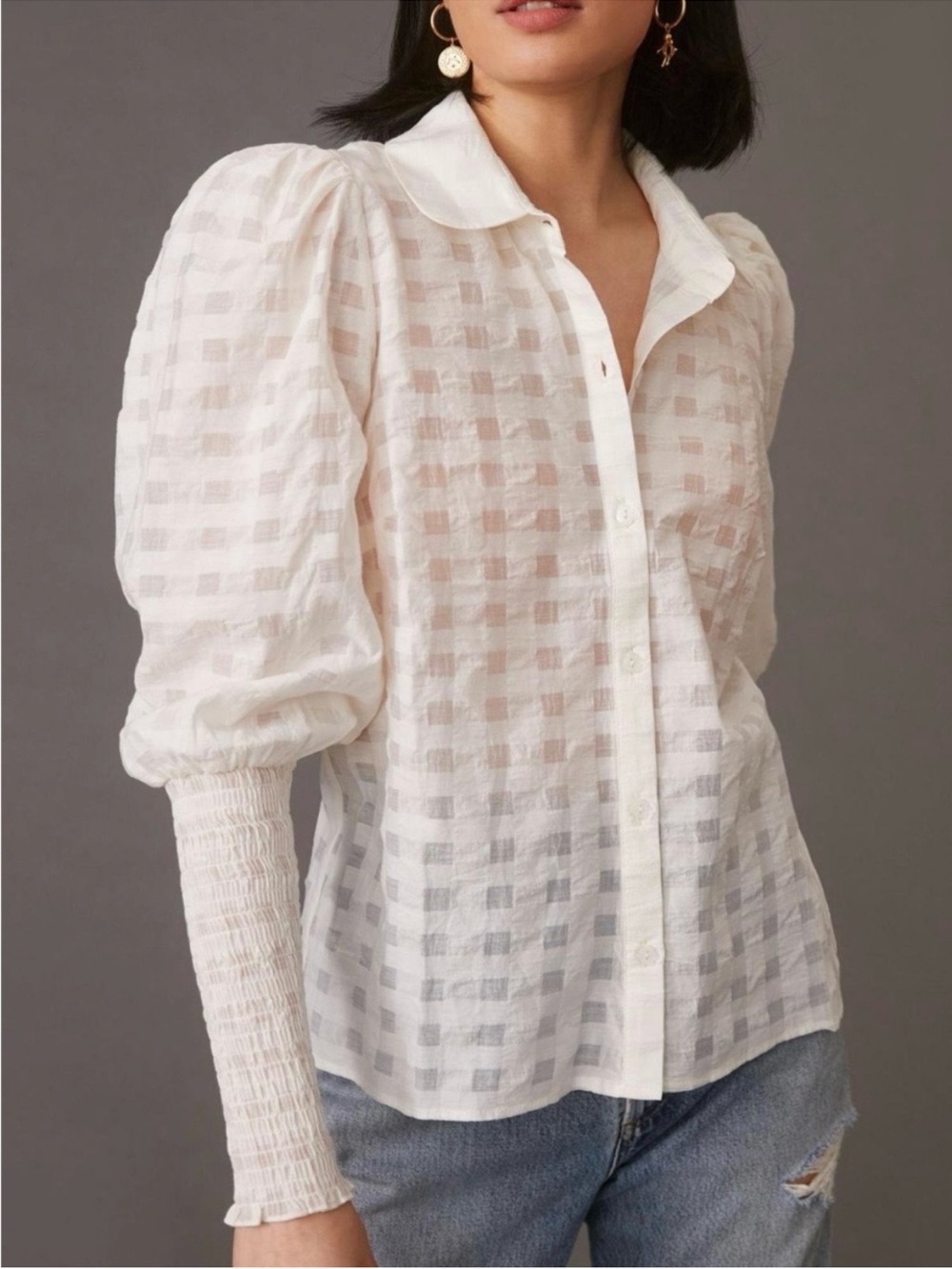 ANTHROPOLOGIE Maeve White Puff Sleeve Button Front Blouse XL